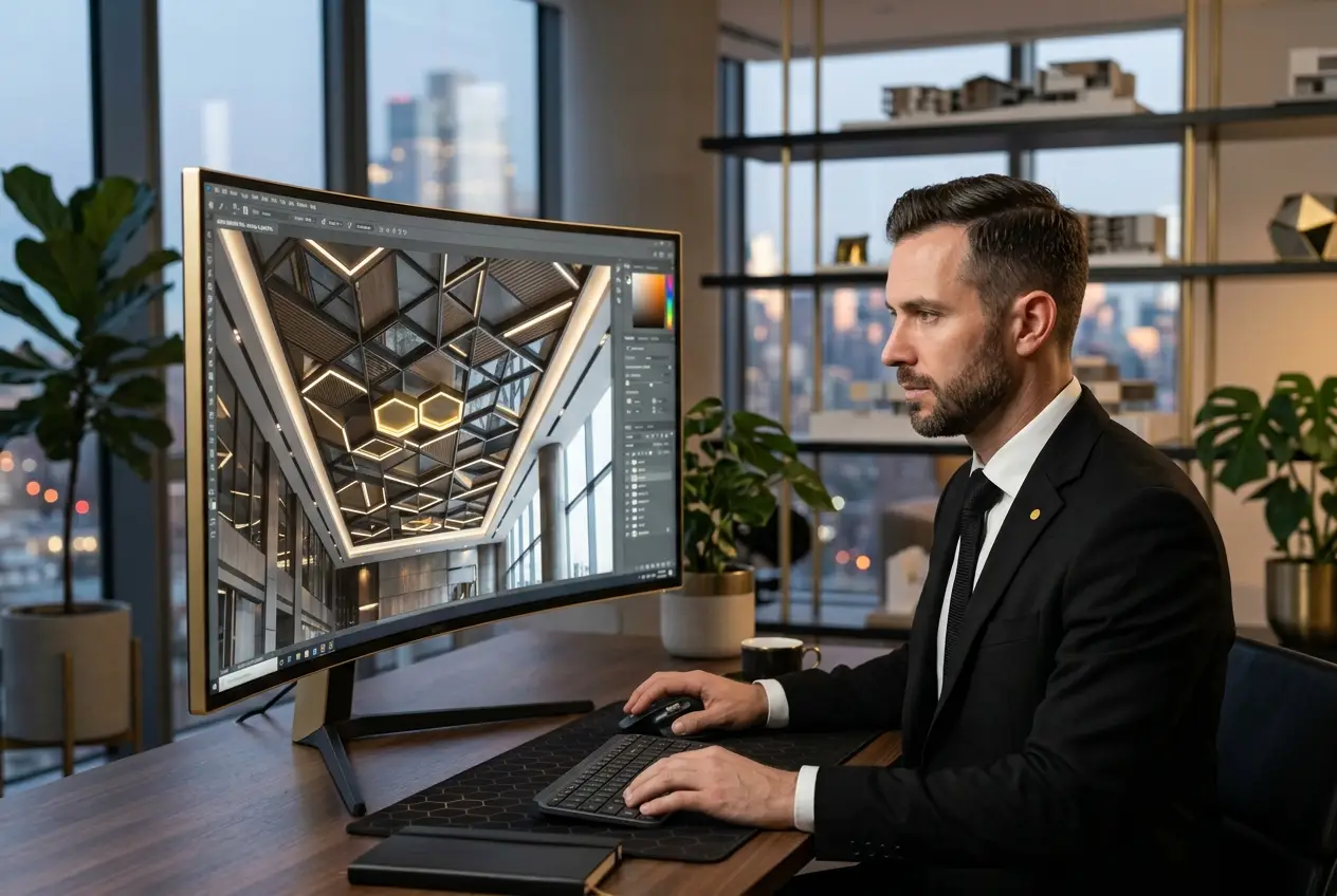 Architect working on ceiling design render